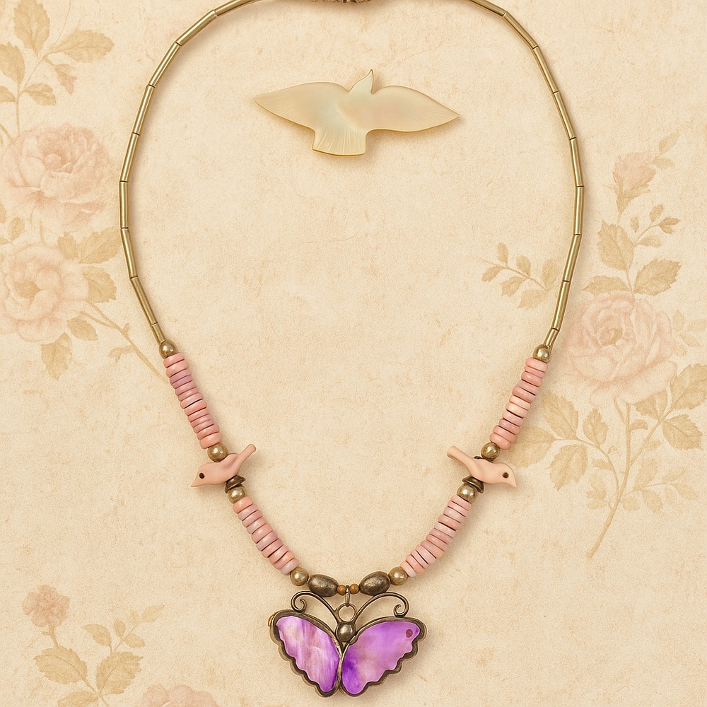 Vintage Sterling Silver & Shell Butterfly Necklace wth Matching Bird Brooch 70's